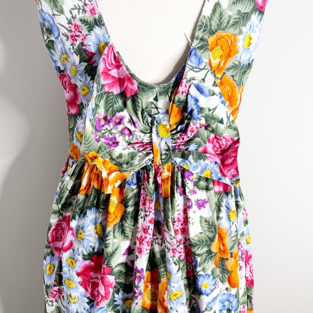 Vintage Floral Button Front Midi Dress Sleeveless Bow Back Cottagecore Summer - Picture 5 of 5